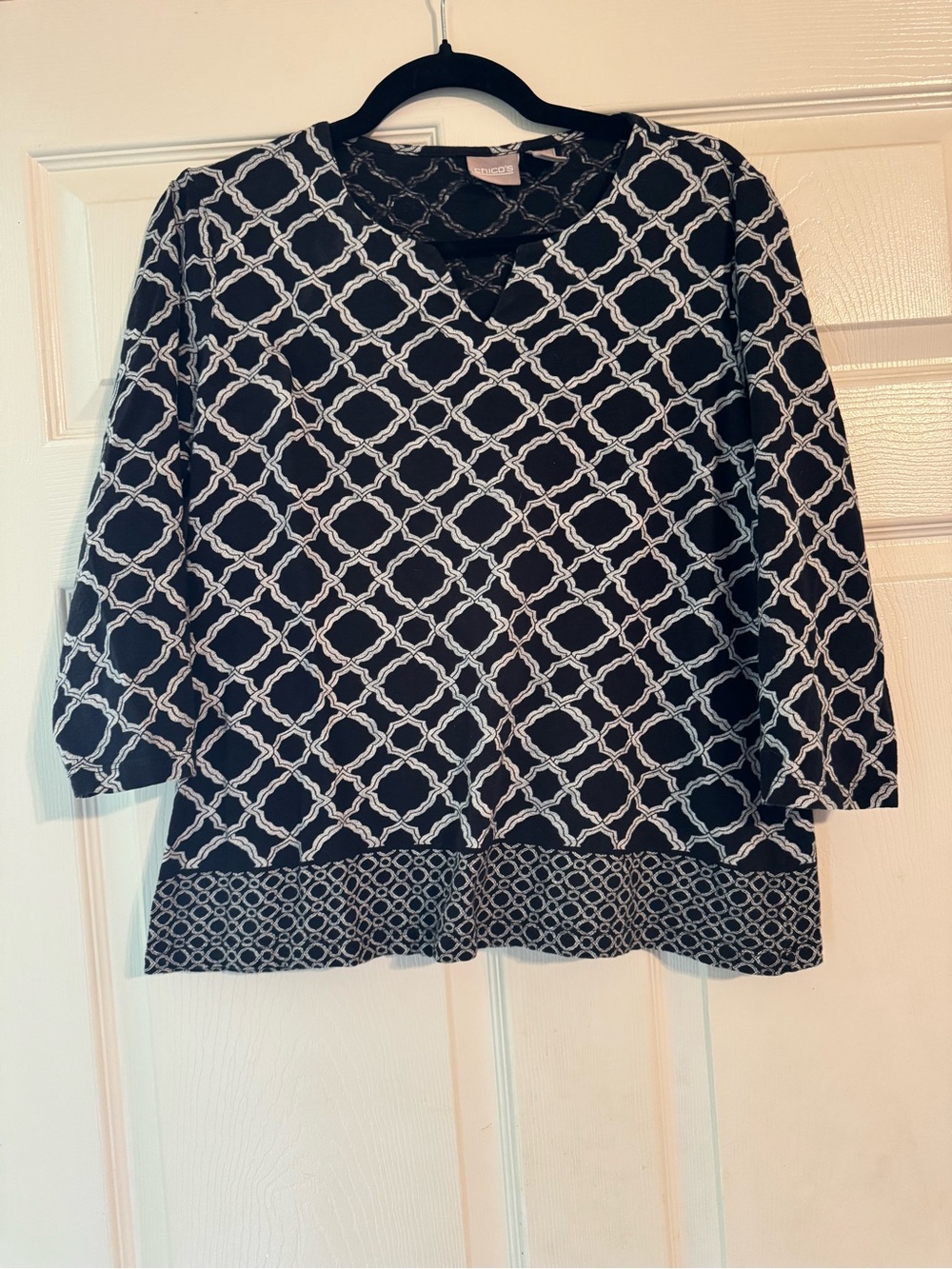 Chico's Black Top Size 1 with White Geometric Pattern